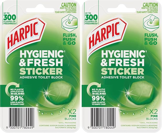 Harpic Hygenic & Fresh Sticker Adhesive Toilet Block Pine 2 Pack