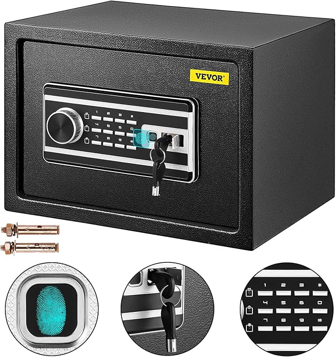 VEVOR Safe Box 0.8 Cu.Ft Fingerprint Safe Box for Money w/ 2 Keys & Digital Keypad Q235 Steel Safe Box for Storing Cash Jewelry Pistols Documents