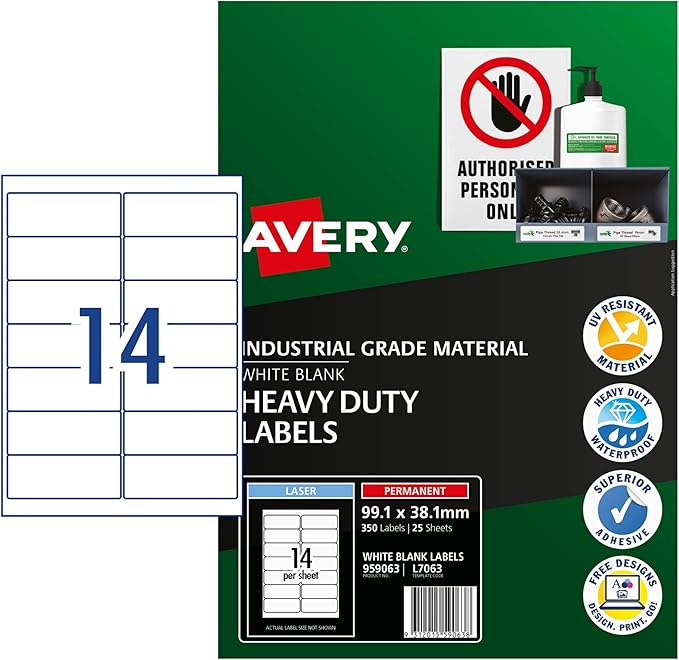 Avery 14Up Heavy Duty Labels Laser L7063 99.1 x 38.1 mm Pk25