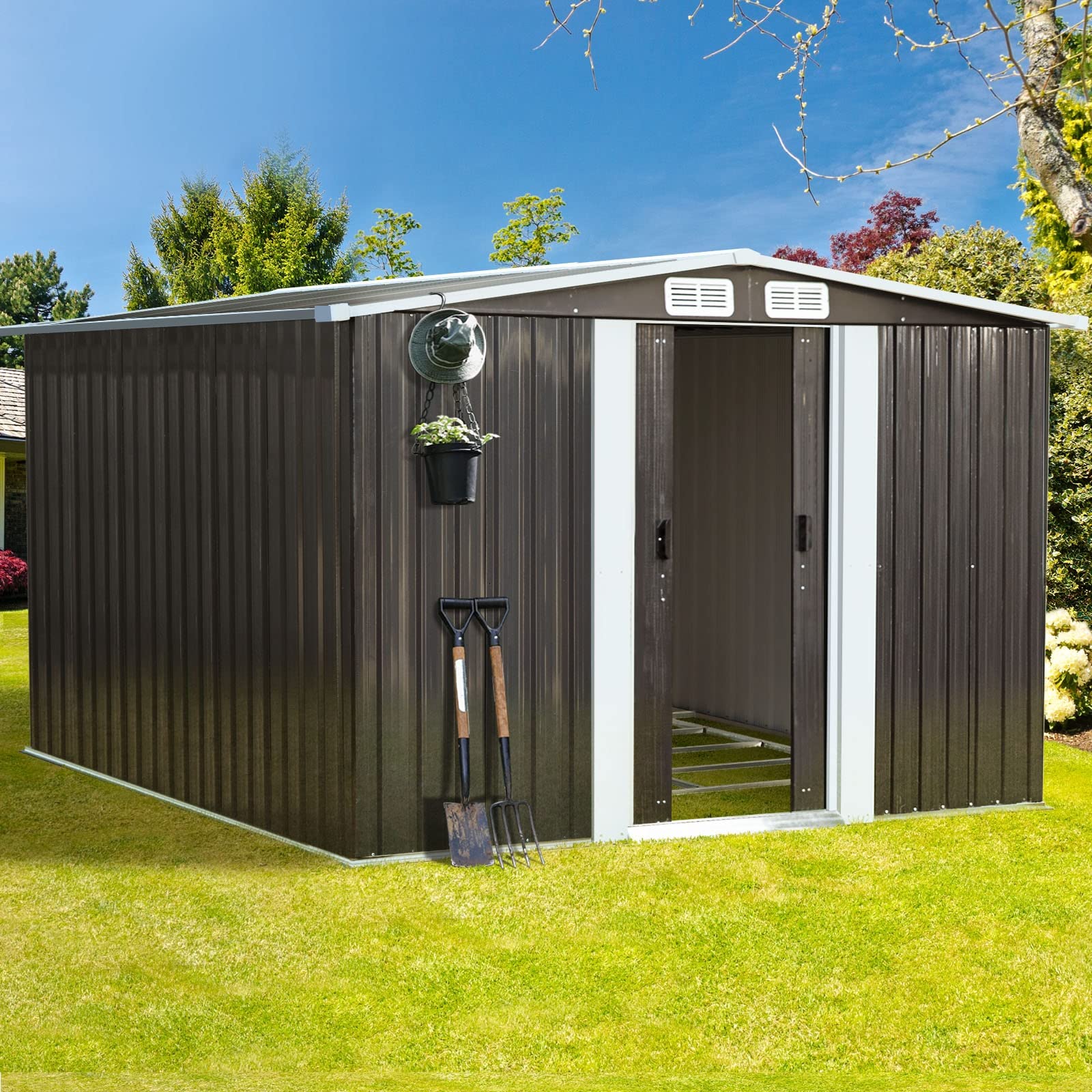 Livsip Garden Shed Outdoor Storage Sheds 2.57x2.05M Workshop Cabin Metal Base