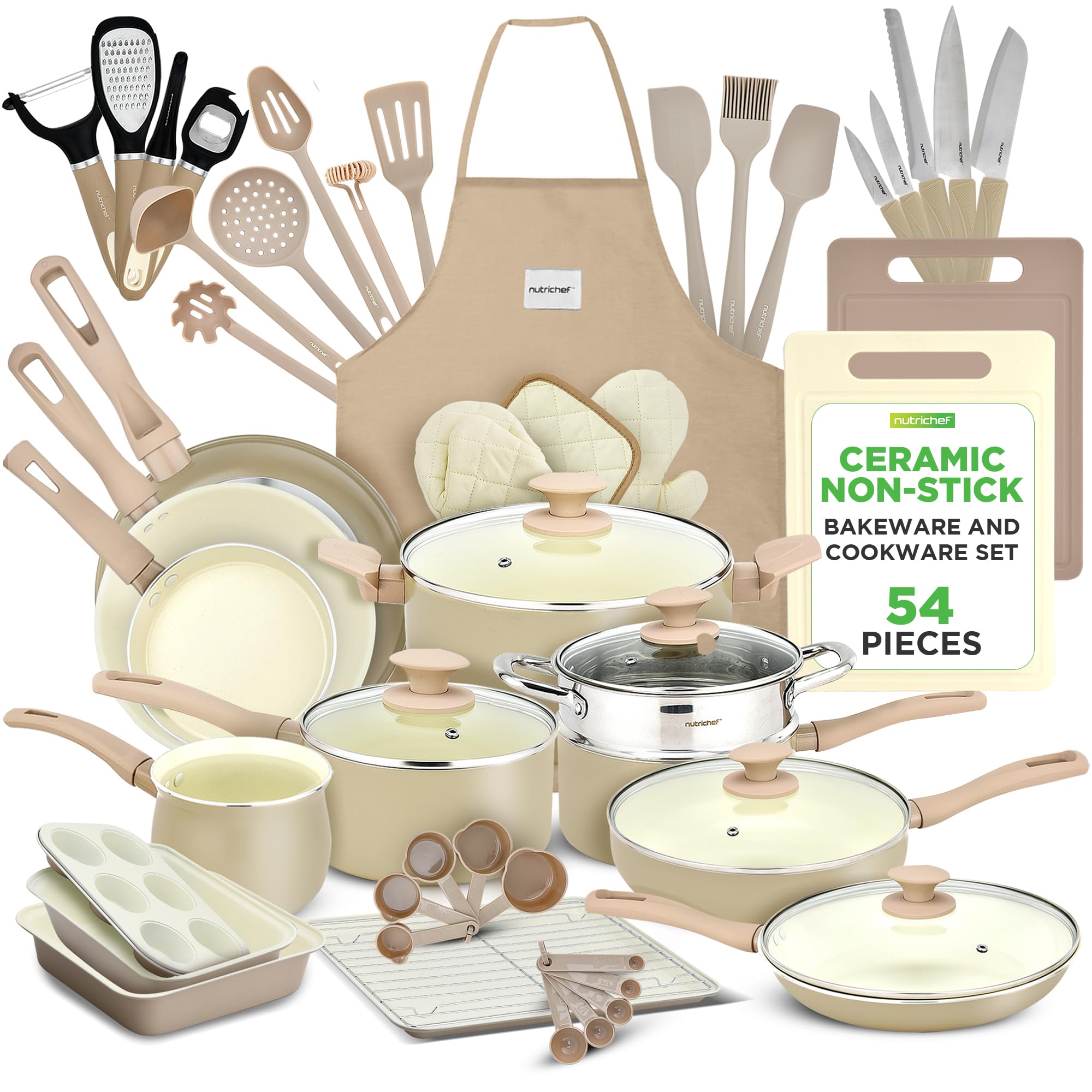 NutriChef 54 pcs. Home Kitchen Cookware, Kitchen Tools, and Bakeware Set - High-Quality Ceramic Kitchenware Pots and Pans (Taupe Brown) | Size: 14.88"