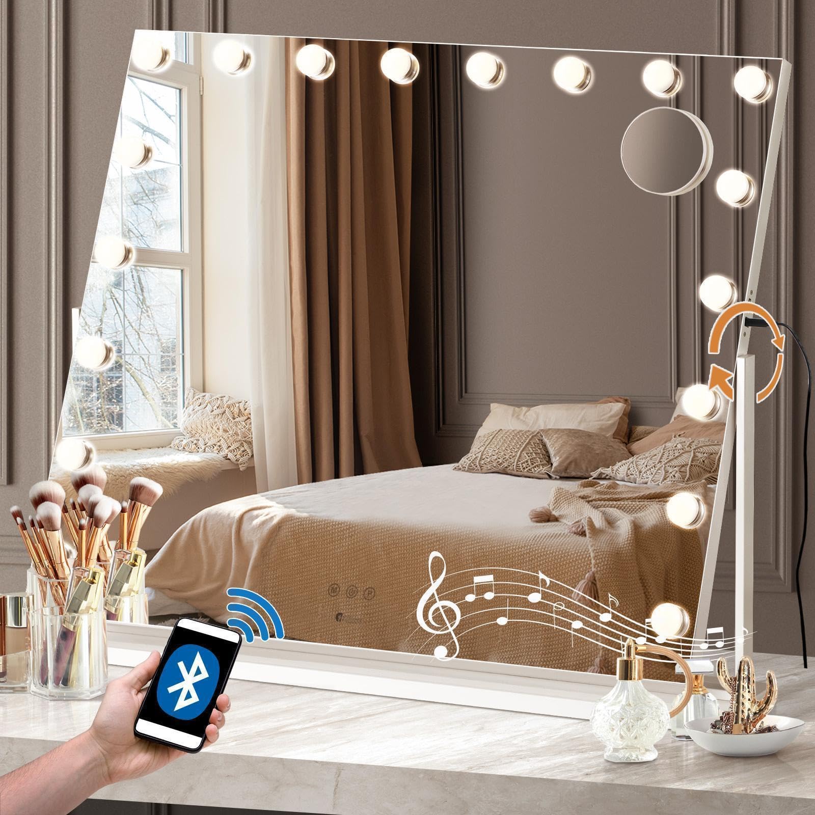 Oikiture Led Hollywood Mirrors Makeup Rotatable Mirror Magnifying Bluetooth