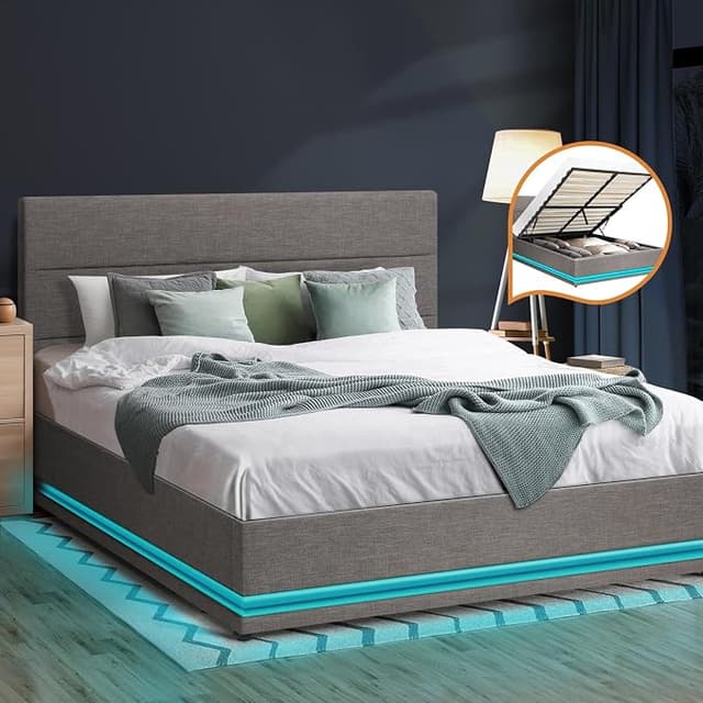 Oikiture Bed Frame King Size Bed Platform RGB Led Grey