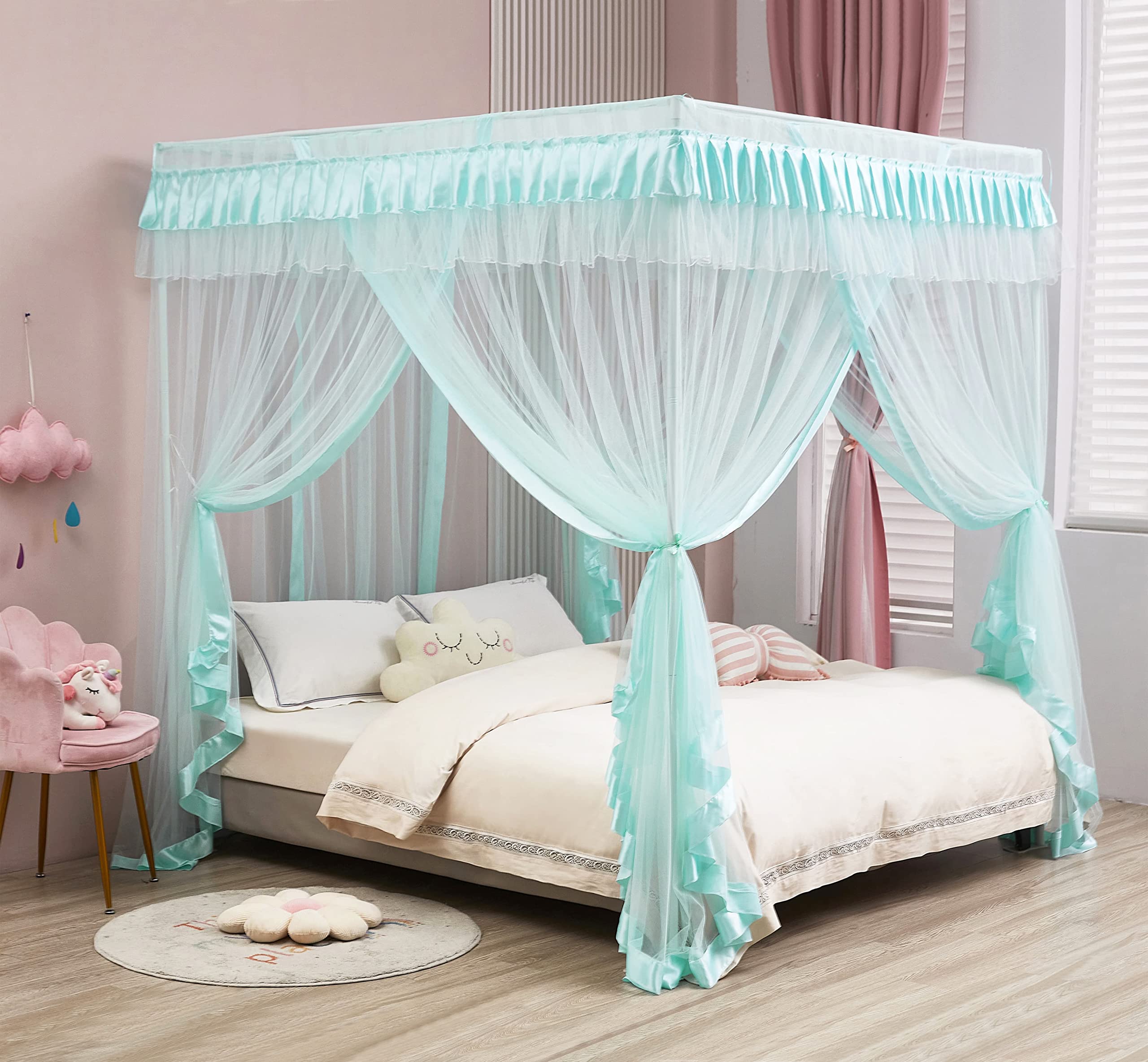 Princess 4 Corners Post Bed Curtain Canopy Netting, Polyester & Polyester Blend, Sky Blue, Queen