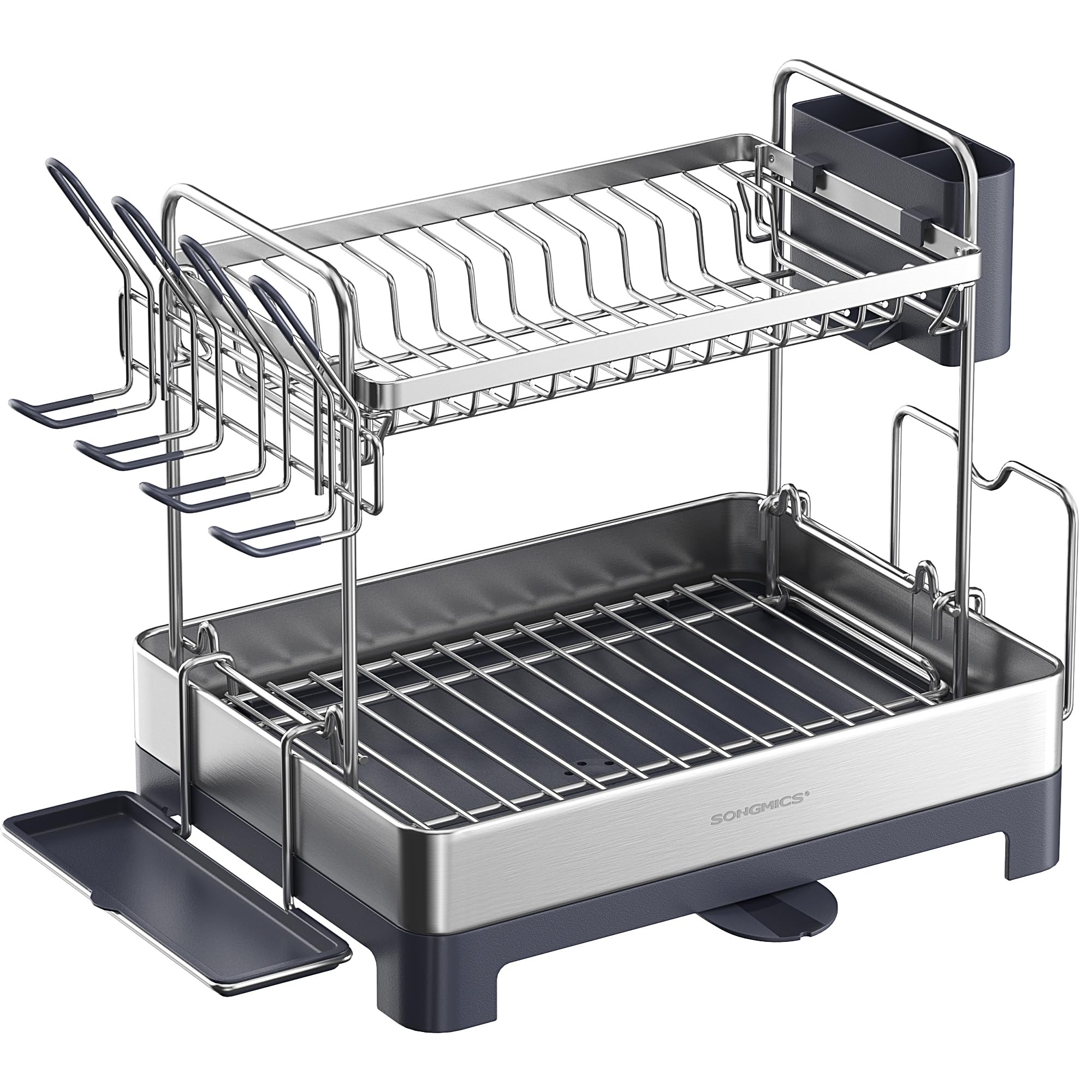 SONGMICS Dish Drying Rack - 2 Tier Dish Rack for Kitchen Counter with Rotatable and Extendable Drain Spout, Dish Drainer with Utensil, Cup, Glass,