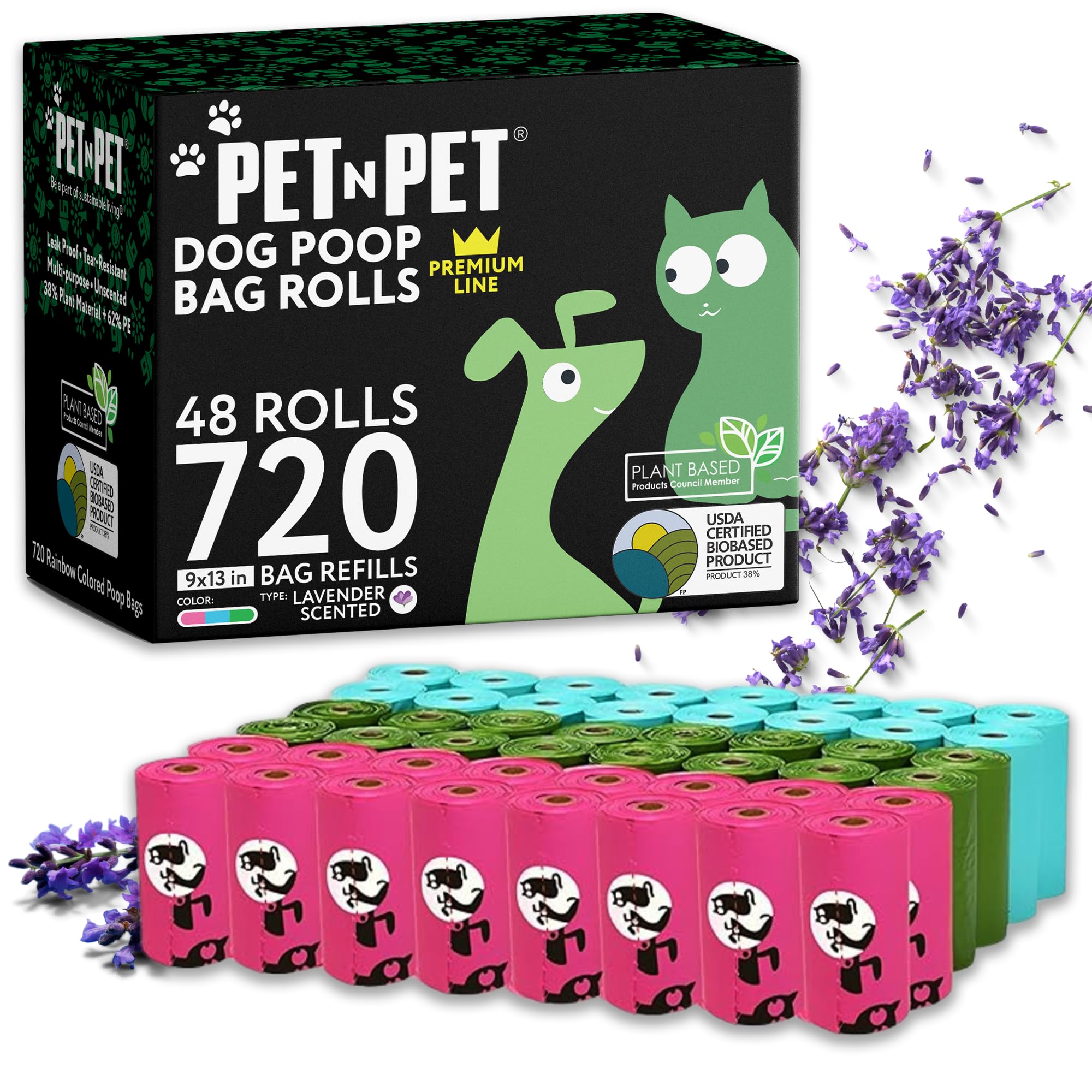 Pet N Pet Scented Dog Poo Bags - 720 Count, 48 Dog Poop Bags Rolls, USDA cert 38% BioBased, Thick, Leakproof Poop Bags for Any Dog Breeds, Doggy Poo