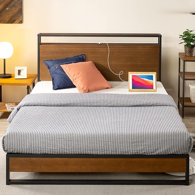 Zinus Ironline Industrial Metal and Pine Wood Bed Frame With Headboard Shelf and USB Port - Double Queen Size - Queen - AfterPay & zipPay Available