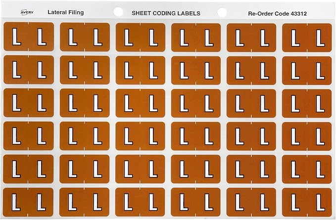 Avery Alphabetical 'L' Side Tab Colour Coding Labels 25 x 38 mm, 180/Pack