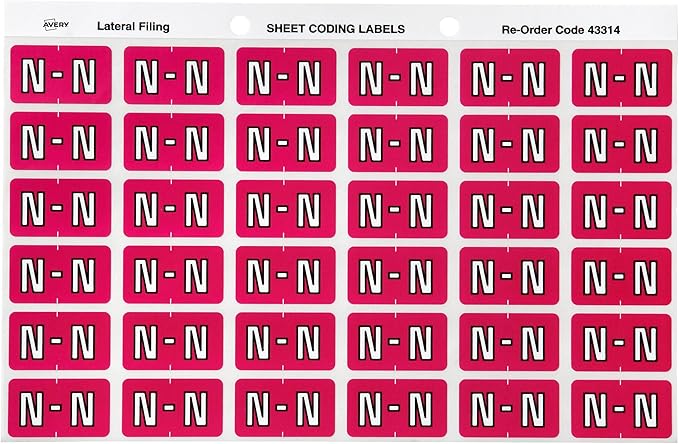 Avery 43314 Alphabetical 'N' Side Tab Colour Coding Labels - 25 x 38 mm - 180/Pack