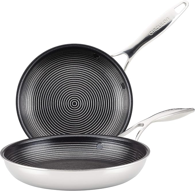 Circulon Clad Stainless Steel Frying Pans/Skillet Set with Hybrid Steelshield and Nonstick Technology, 10 Inch and 8.5 Inch, Silver