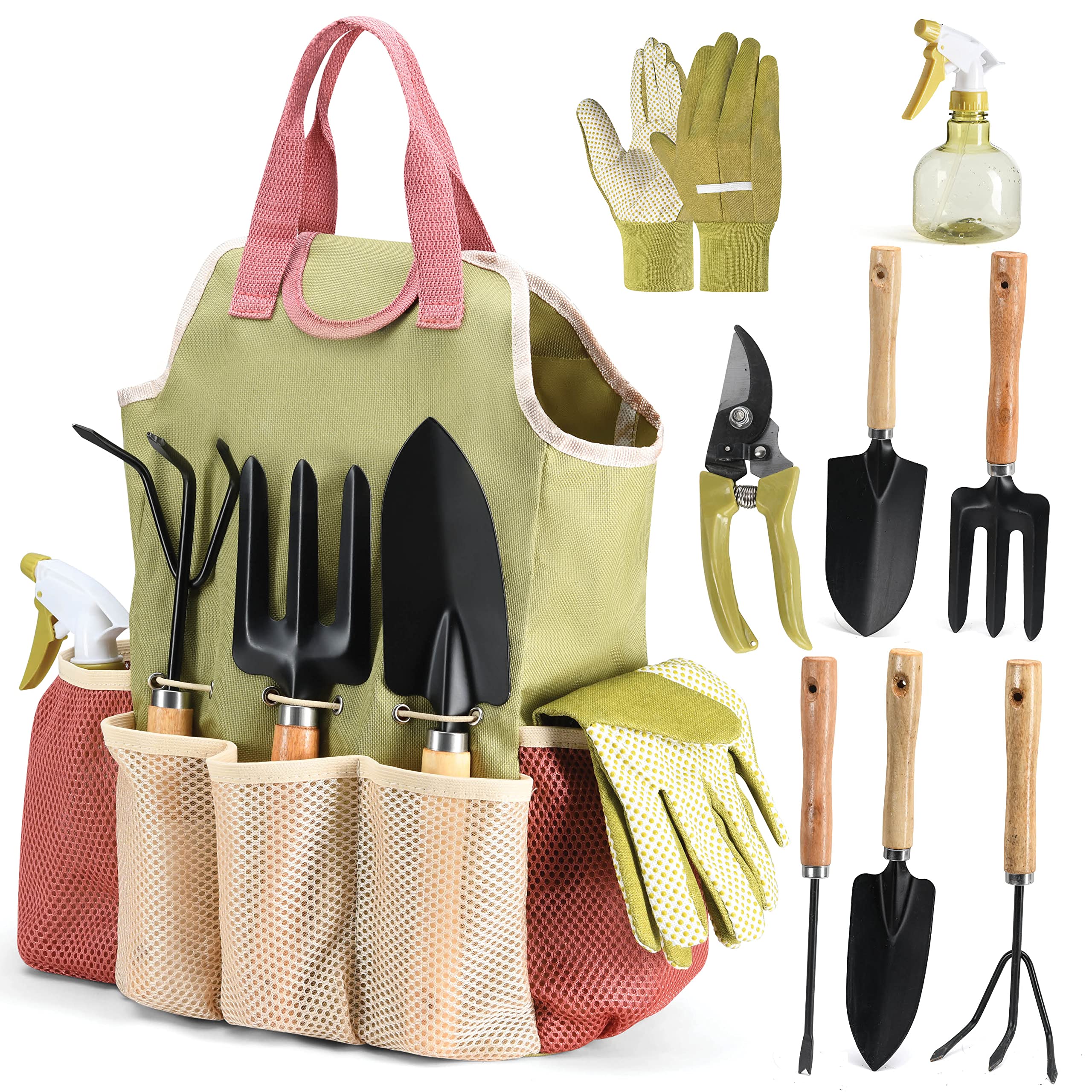 Gardening Tools Set of 10 - Complete Garden Tool Kit Comes with Bag & Gloves,Garden Tool Set with Spray-Bottle Indoors & Outdoors - Durable Garden