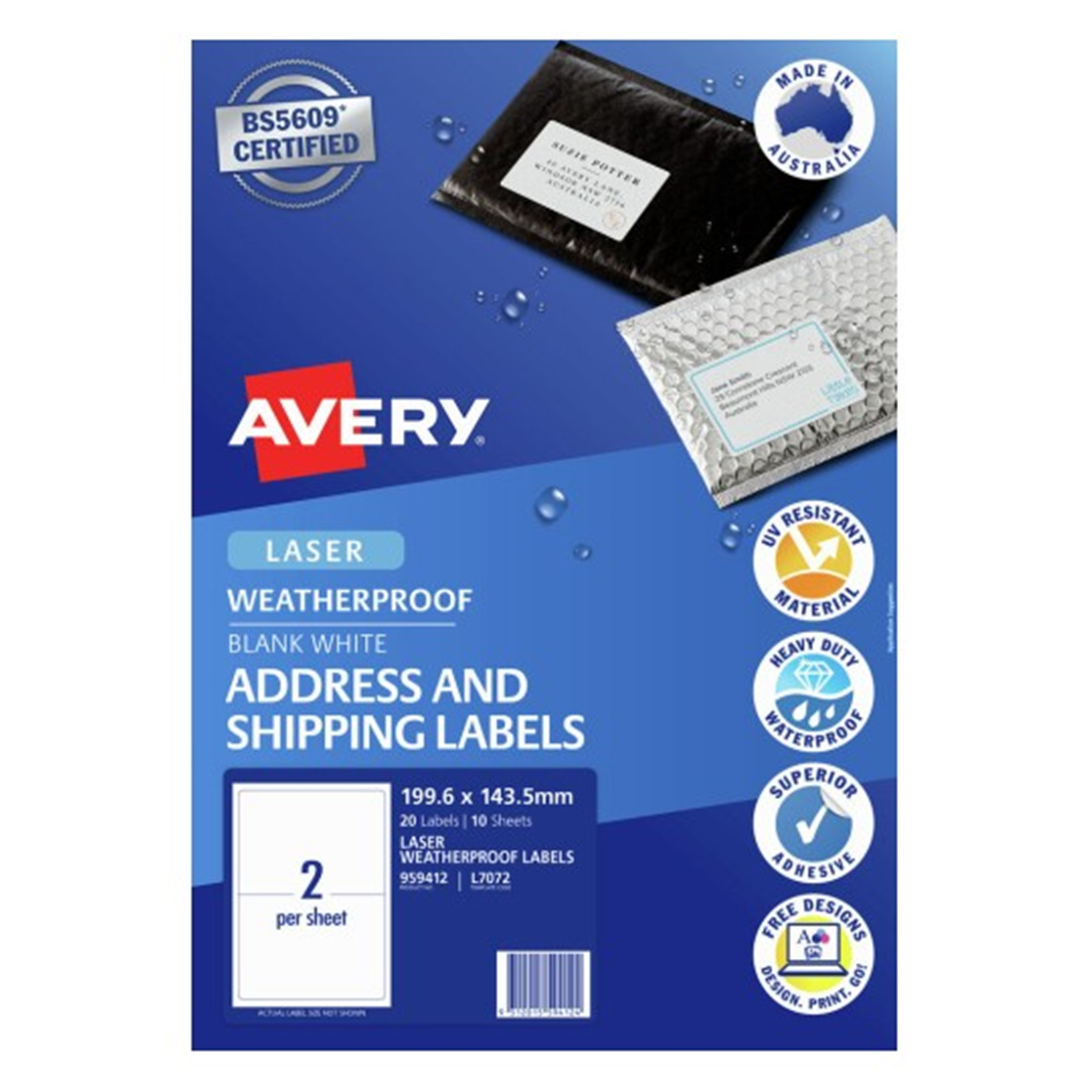 Avery 959412 Weatherproof Shipping Labels - L7072 - 10/Pack - 199.6x143.5mm Laser White