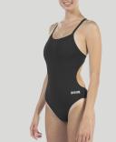 Arena Women's Challenge Back One Piece Swimsuit - Black/Metallic Silver | Polyester - Swimoutlet.com