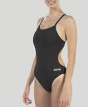 Arena Women's Challenge Back One Piece Swimsuit - Black/Metallic Silver | Polyester - Swimoutlet.com