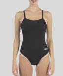 Arena Women's Challenge Back One Piece Swimsuit - Black/Metallic Silver | Polyester - Swimoutlet.com