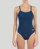 Arena Women's Challenge Back One Piece Swimsuit - Navy/Metallic Silver | Polyester - Swimoutlet.com