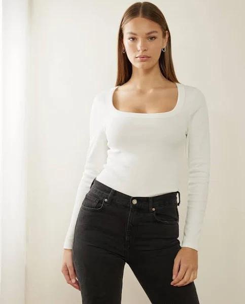 Atmos&Here - Women's White Basic T-shirts - Organic Cotton Long Sleeve Rib Tee - Size 18 at The Iconic