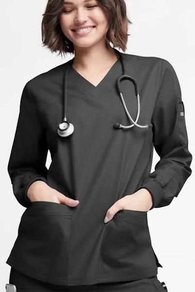 Butter-Soft Originals Women's 7-Pocket Curved V-Neck Long Sleeve Scrub Top in Black | Size M Polyester/cotton