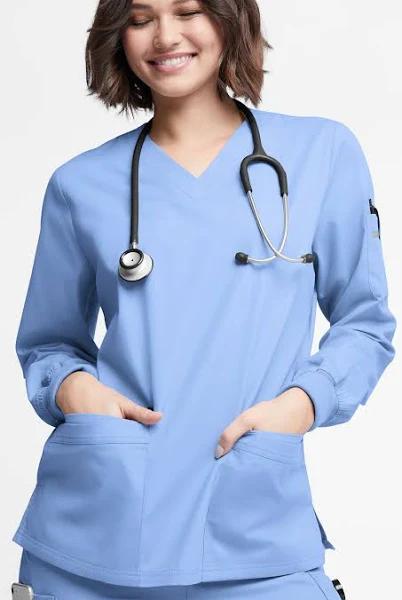 Butter-Soft Originals Women's 7-Pocket Curved V-Neck Long Sleeve Scrub Top in Ceil Blue | Size S Polyester/cotton