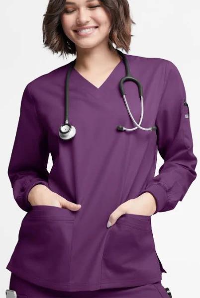 Butter-Soft Originals Women's 7-Pocket Curved V-Neck Long Sleeve Scrub Top in Eggplant | Size L Polyester/cotton