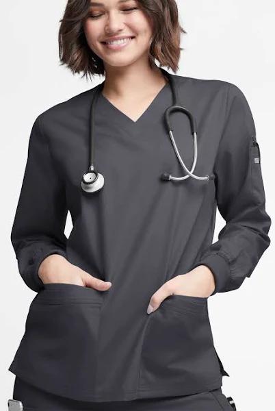 Butter-Soft Originals Women's 7-Pocket Curved V-Neck Long Sleeve Scrub Top in Pewter | Size L Polyester/cotton