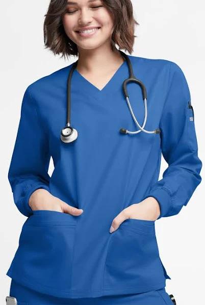 Butter-Soft Originals Women's 7-Pocket Curved V-Neck Long Sleeve Scrub Top in Royal | Size S Polyester/cotton