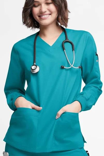 Butter-Soft Originals Women's 7-Pocket Curved V-Neck Long Sleeve Scrub Top in Teal | Size L Polyester/cotton