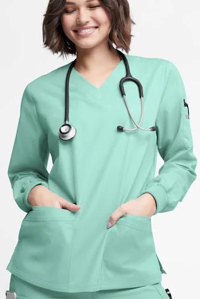 Butter-Soft Originals Women's 7-Pocket Curved V-Neck Long Sleeve Scrub Top in Water Mint | Size 2x Polyester/cotton