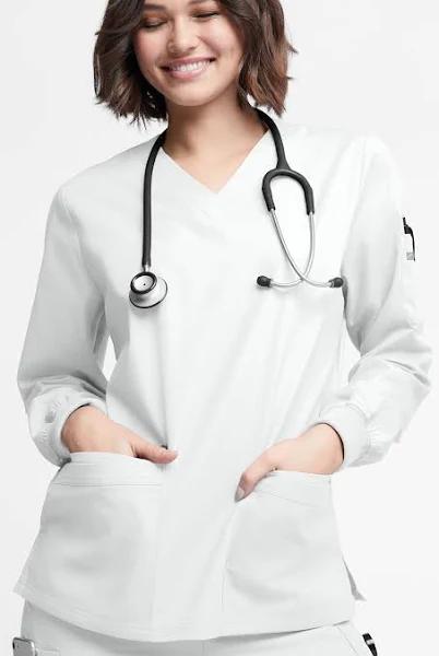 Butter-Soft Originals Women's 7-Pocket Curved V-Neck Long Sleeve Scrub Top in White | Size S Polyester/cotton