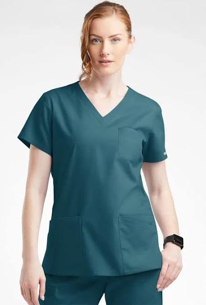 Butter-Soft Originals Women's 7-Pocket Curved V-Neck Scrub Top in Caribbean Blue | Size L Polyester/cotton