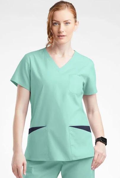 Butter-Soft Originals Women's 7-Pocket Rounded V-Neck Scrub Top in Water Mint/Navy | Size L Polyester/cotton