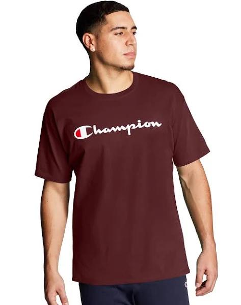 Champion Men's Classic Jersey Tee, Script Logo - Maroon, M