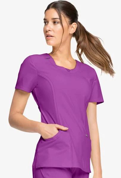 Cherokee Infinity Women's 3-Pocket Stretch Round Neck Scrub Top in Bright Violet | Size 2x Polyester/spandex