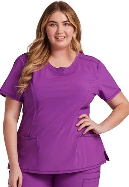 Cherokee Infinity Women's 3-Pocket Stretch Round Neck Scrub Top in Bright Violet | Size M Polyester/spandex