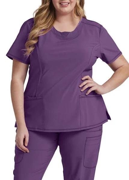 Cherokee Infinity Women's 3-Pocket Stretch Round Neck Scrub Top in Bright Violet | Size XL Polyester/spandex