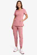 Cherokee Infinity Women's 3-Pocket Stretch Round Neck Scrub Top in Frosted Rose Heather | Size 3x Polyester/spandex