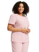 Cherokee Infinity Women's 3-Pocket Stretch Round Neck Scrub Top in Frosted Rose Heather | Size L Polyester/spandex