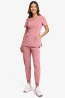 Cherokee Infinity Women's 3-Pocket Stretch Round Neck Scrub Top in Frosted Rose Heather | Size L Polyester/spandex