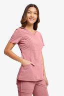 Cherokee Infinity Women's 3-Pocket Stretch Round Neck Scrub Top in Frosted Rose Heather | Size S Polyester/spandex