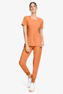 Cherokee Infinity Women's 3-Pocket Stretch Round Neck Scrub Top in Peach Linen | Size 2x Polyester/spandex