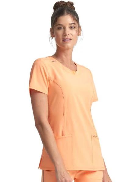Cherokee Infinity Women's 3-Pocket Stretch Round Neck Scrub Top in Peach Linen | Size 2x Polyester/spandex