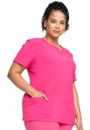 Cherokee Infinity Women's 3-Pocket Stretch Round Neck Scrub Top in Peach Linen | Size XS Polyester/spandex