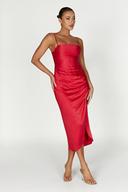 Claudette Satin Drape Midi Dress | Red | MESHKI Sale Dresses | Size S | in Multiple Sizes & Styles | AfterPay Available
