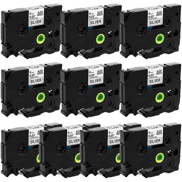 Compatible 10 x PT-1290 Tape Brother PT1290 6mm Black Text On Silver Laminated Tape - 8 Meters