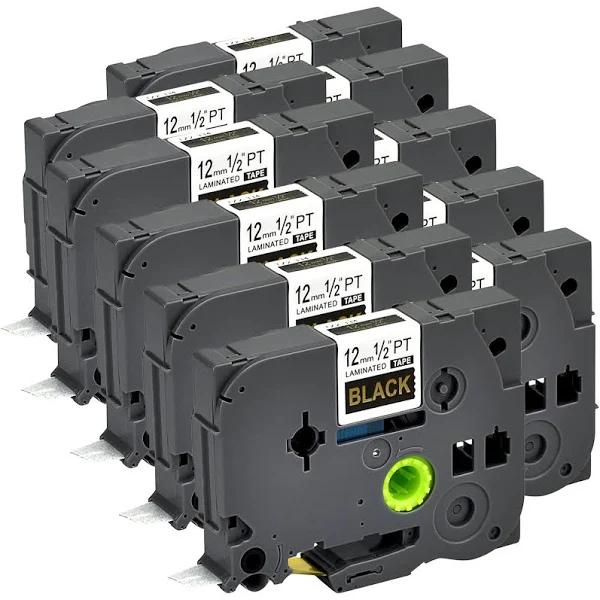 Compatible 10 x PT-1830 Tape Brother PT1830 12mm Gold Text On Black Laminated Tape - 8 Meters