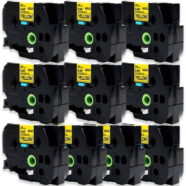 Compatible 10 x PT-2400 Tape Brother PT2400 24mm Black Text On Yellow Flexible ID Laminated Tape - 8 Metres