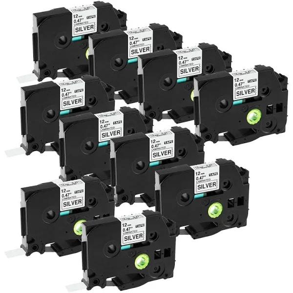 Compatible 10 x PT-900 Tape Brother PT900 12mm Black Text On Silver Laminated Tape - 8 Meters