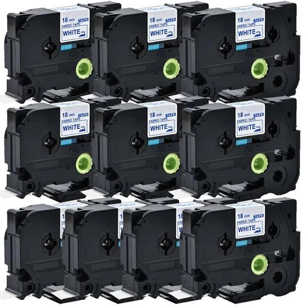 Compatible 10 x PT-9600 Tape Brother PT9600 18mm Blue Text On White Fabric Tape - 3 Meters