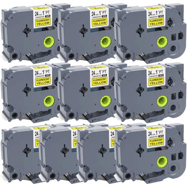 Compatible 10 x PT-9800PCN Tape Brother PT9800PCN 24mm Black Text On Yellow Fluorescent Laminated Tape - 5 Meters