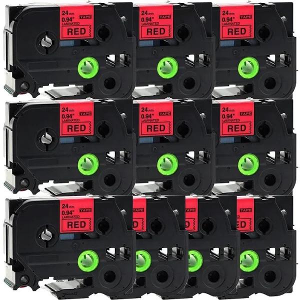 Compatible 10 x PT-D800W Tape Brother PTD800W 24mm Black Text On Red Laminated Tape - 8 Meters